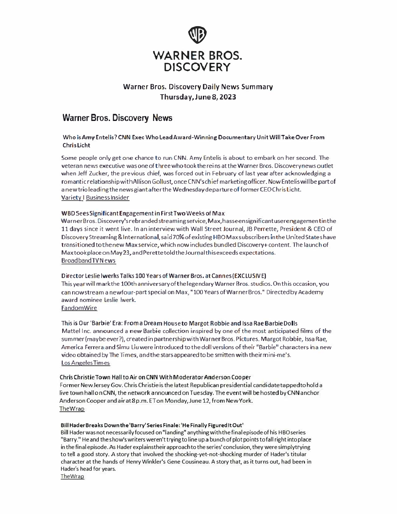 Warner Bros Discovery News Brief